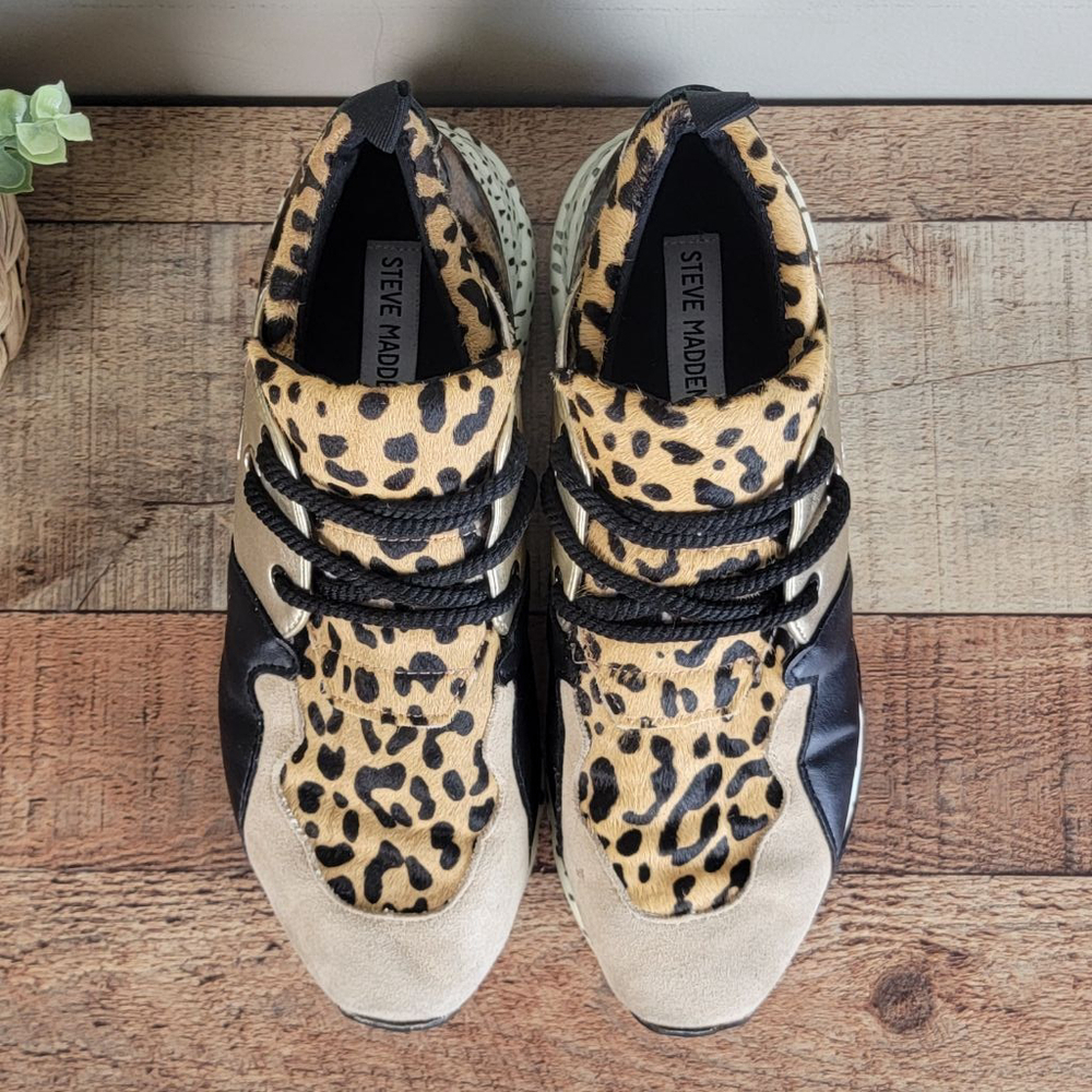Steve Madden 8 Cliff Leather Leopard Animal Print Sneakers Shoes Lace Up Fashion - Picture 10 of 16